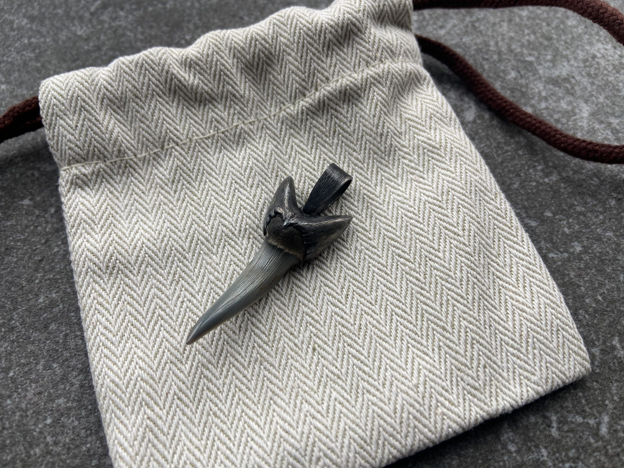 Blackened Silver Shark Tooth Pendant on Pouch