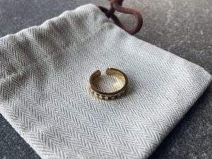 Gold-plated stainless steel ring with Sand Scale Line leather inlay on cotton herringbone pouch