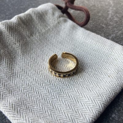 Gold-plated stainless steel ring with Sand Scale Line leather inlay on cotton herringbone pouch