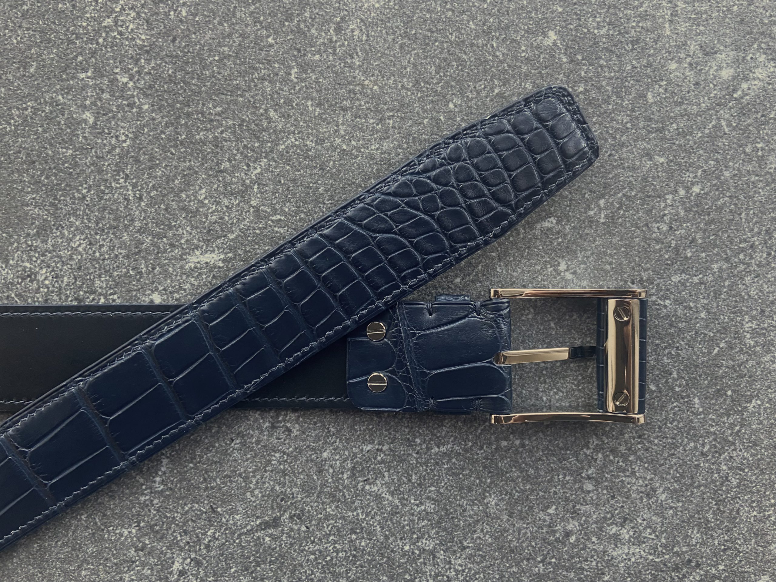 Custom Alligator Leather Belt in Navy Blue