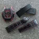 Franck Muller Conquistador Sport Grand Prix watch with original rubber strap and custom black alligator strap with red stitching