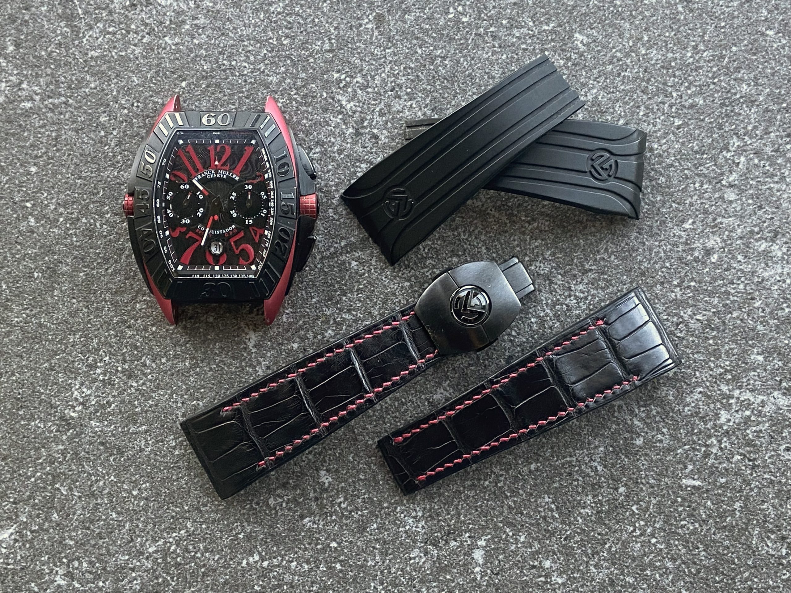 Franck Muller Conquistador Sport Grand Prix watch with original rubber strap and custom black alligator strap with red stitching
