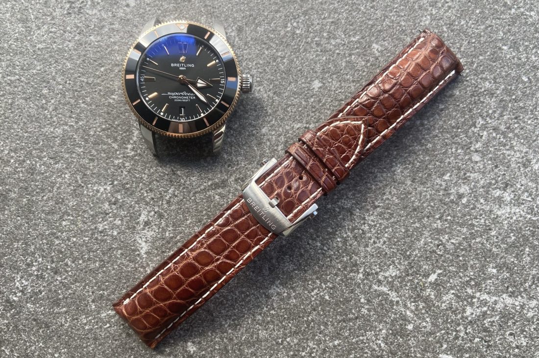 Custom cognac alligator strap for Breitling SuperOcean Chronometer