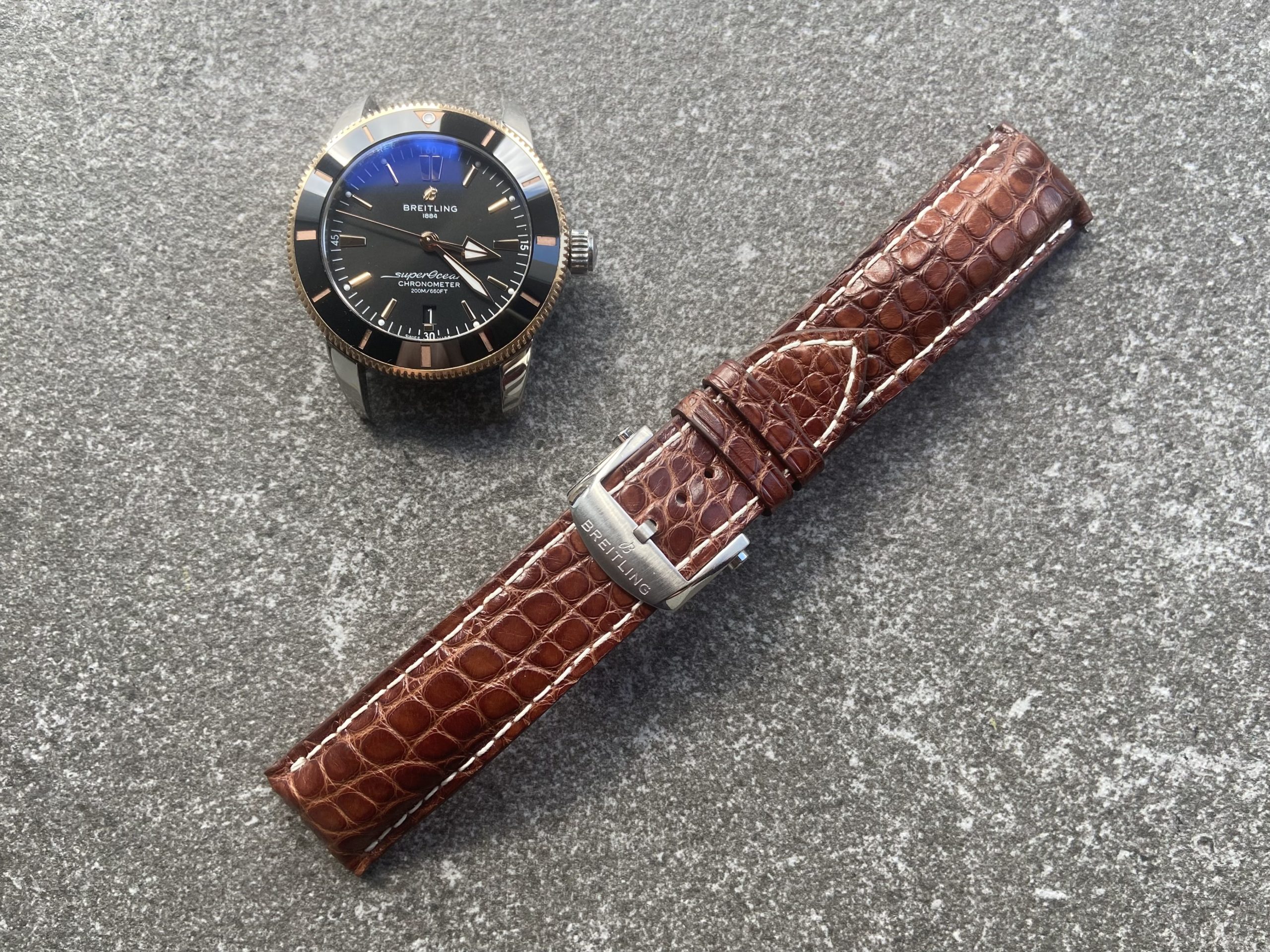 Custom cognac alligator strap for Breitling SuperOcean Chronometer