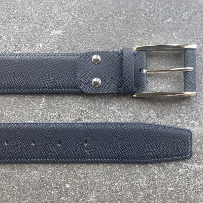 Dark navy Saffiano leather belt with palladium buckle – full top view