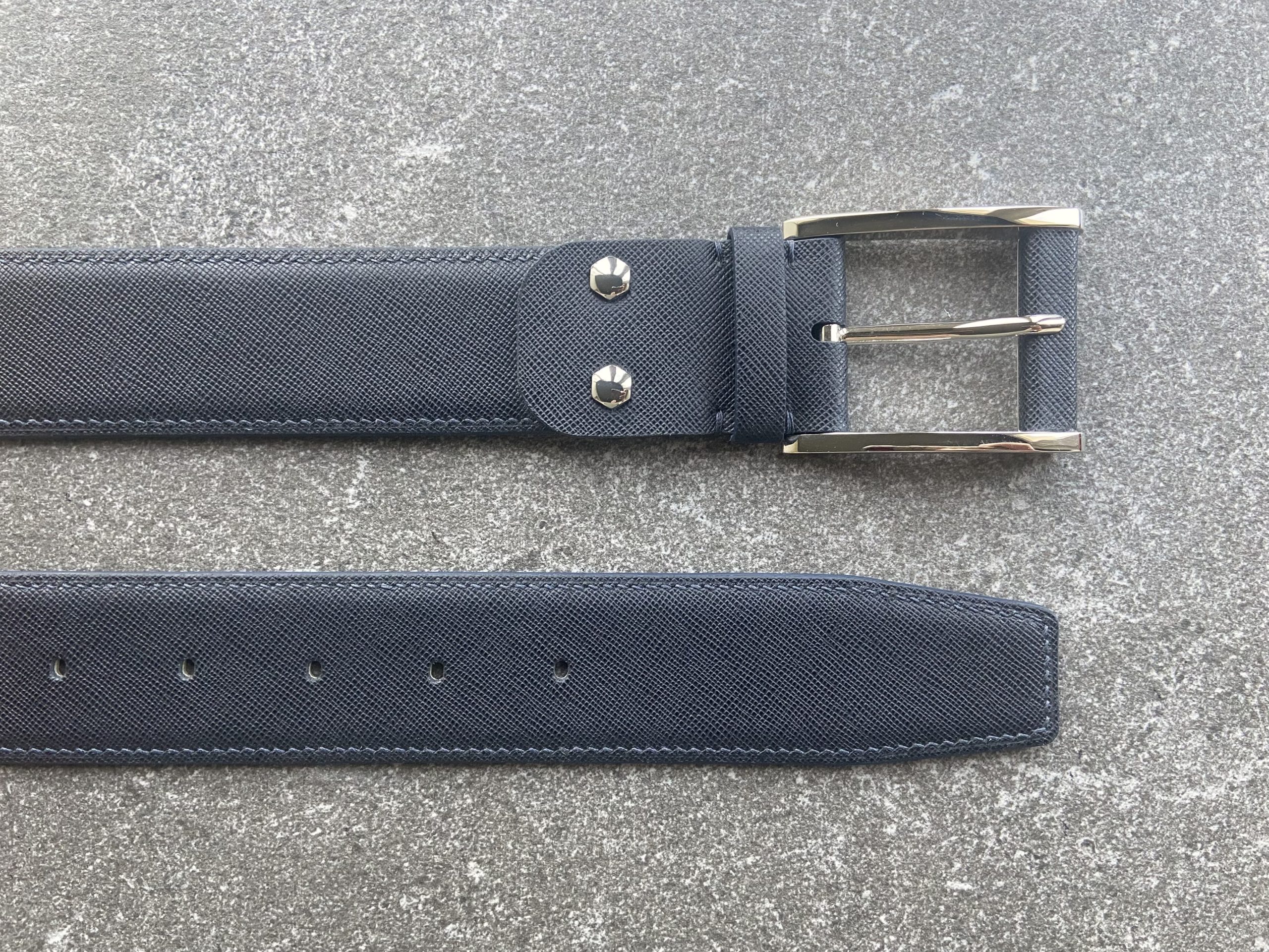 Dark navy Saffiano leather belt with palladium buckle – full top view