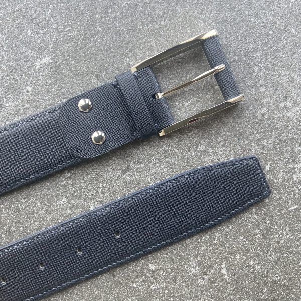 Dark navy Saffiano calfskin belt with Italian palladium buckle – 40 mm width