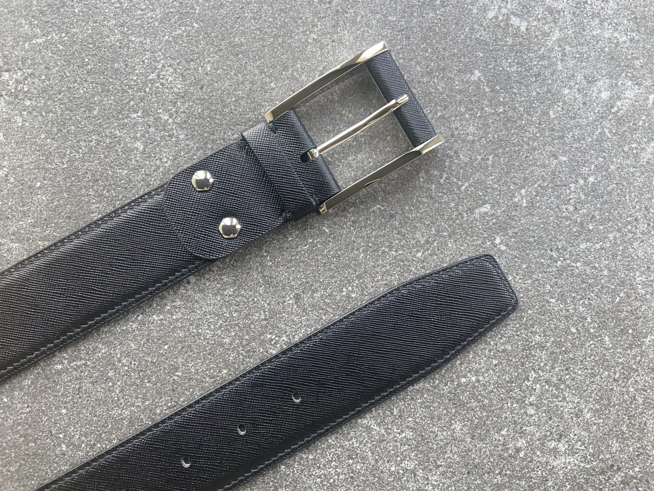 Handmade black Saffiano leather belt with custom fit and polished solid brass buckle