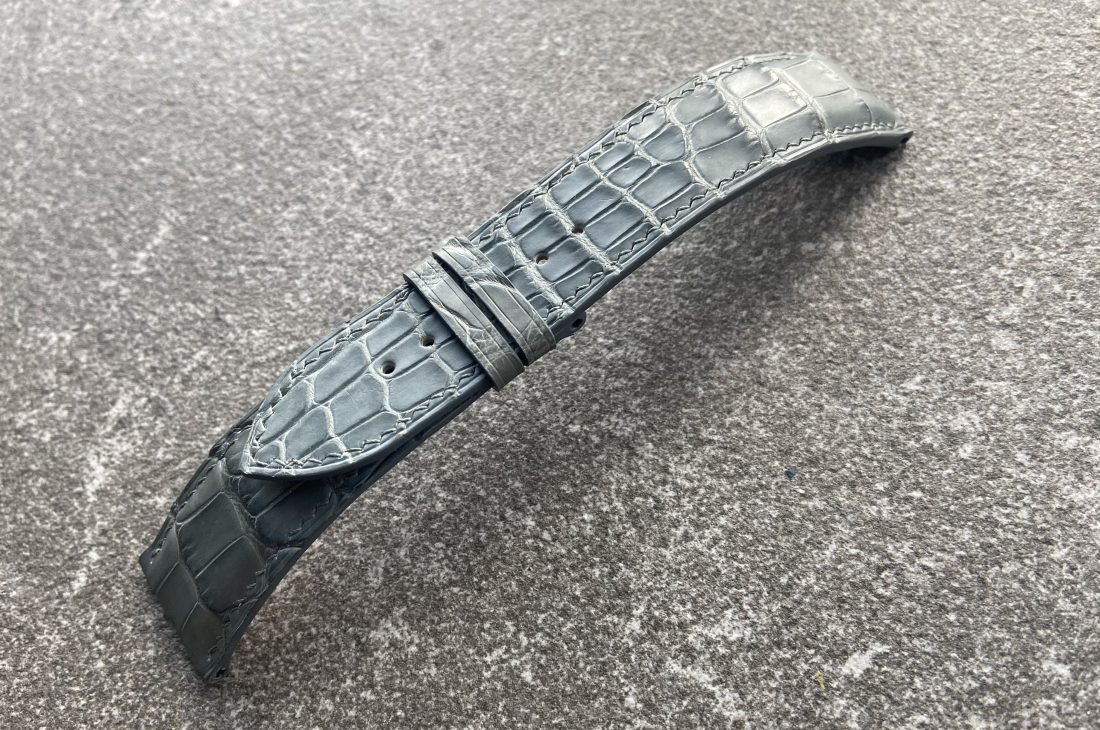 Steel blue alligator strap for Patek Philippe with color-matched edges and thread