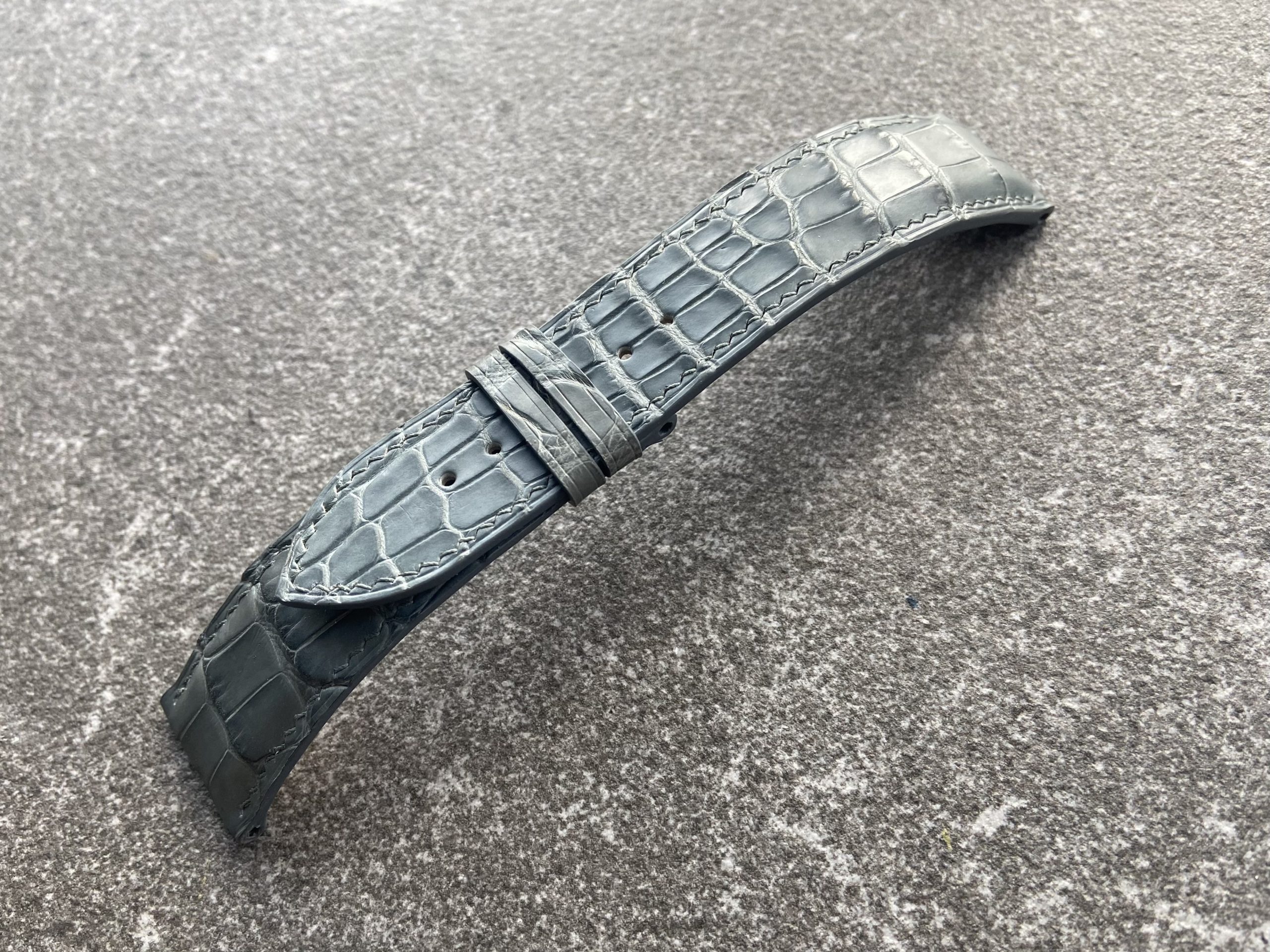 Steel blue alligator strap for Patek Philippe with color-matched edges and thread