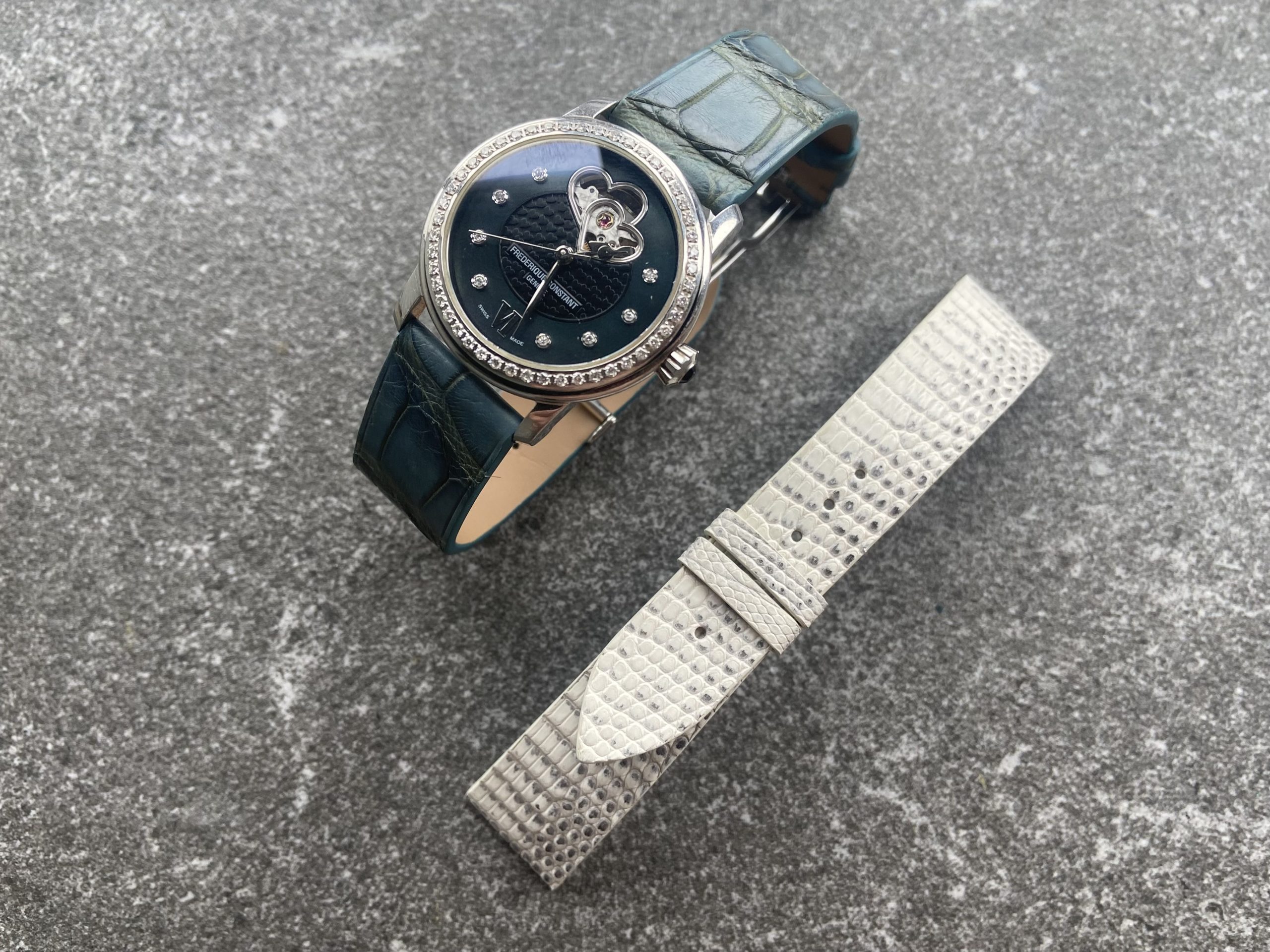 Text: Two bespoke straps for Frédérique Constant watch – alligator and Tegu leather