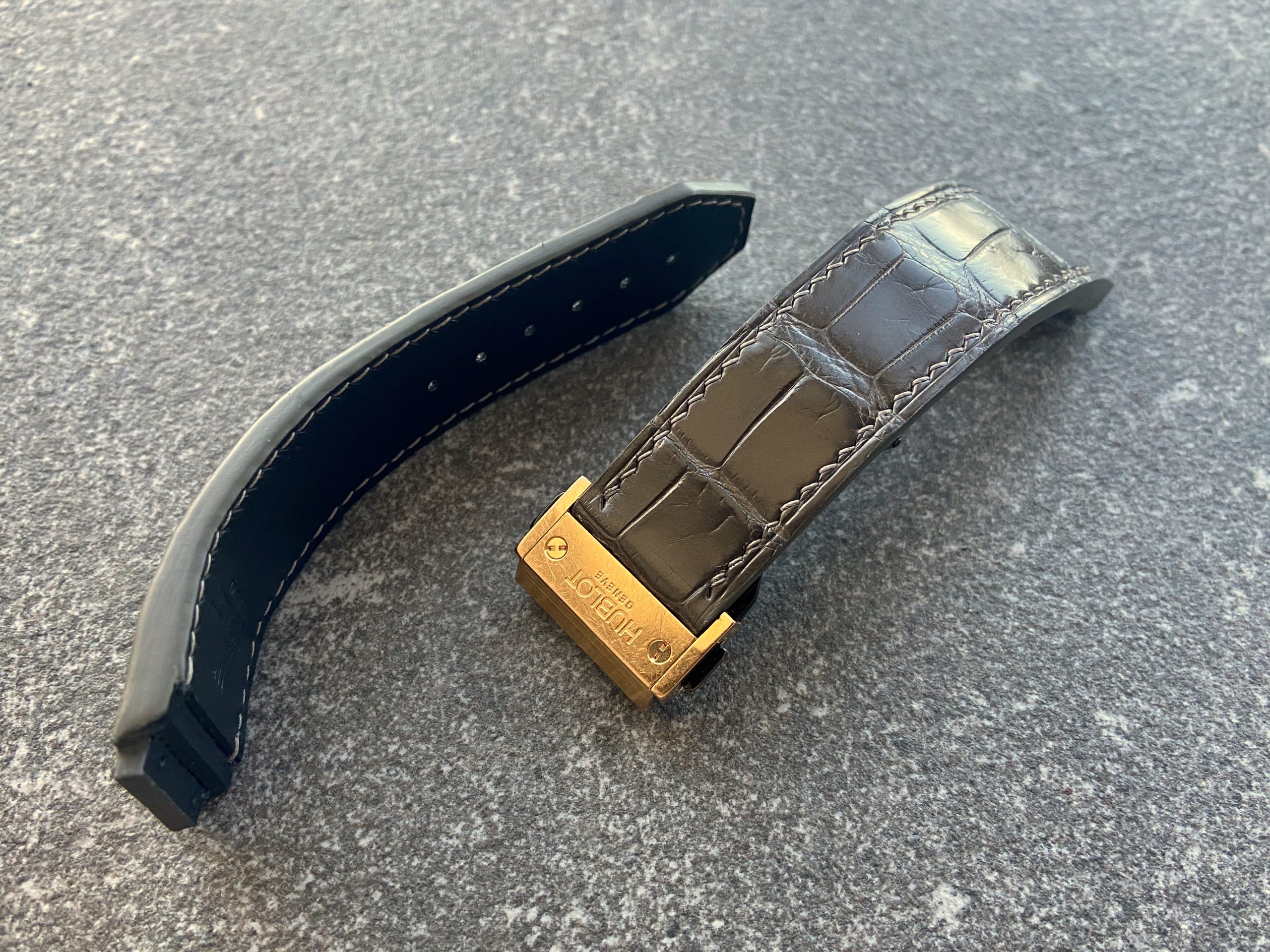 Gray alligator strap for Hublot Big Bang with black calfskin lining