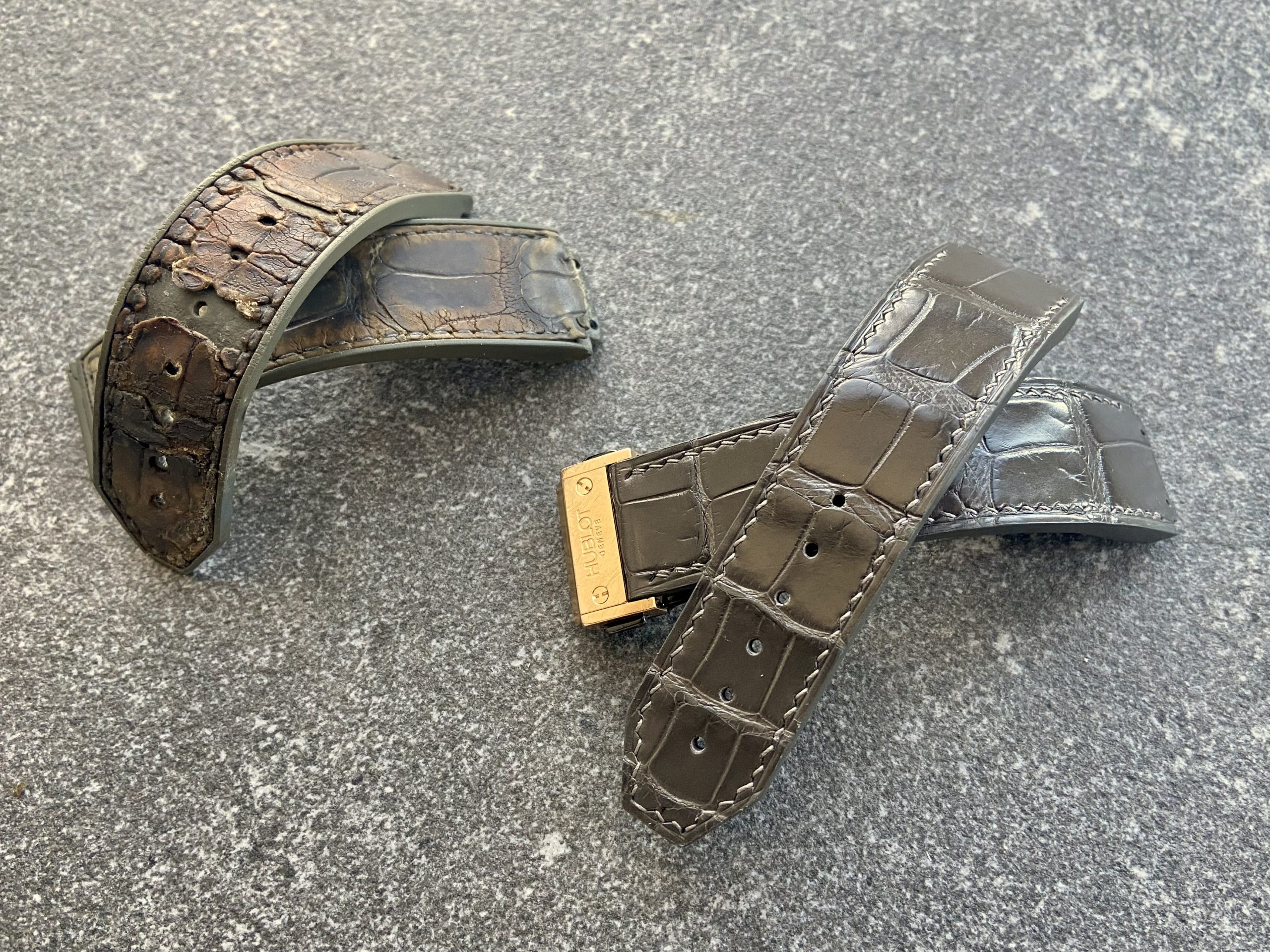 Old and new straps for Hublot Big Bang Earl Gray in alligator leather