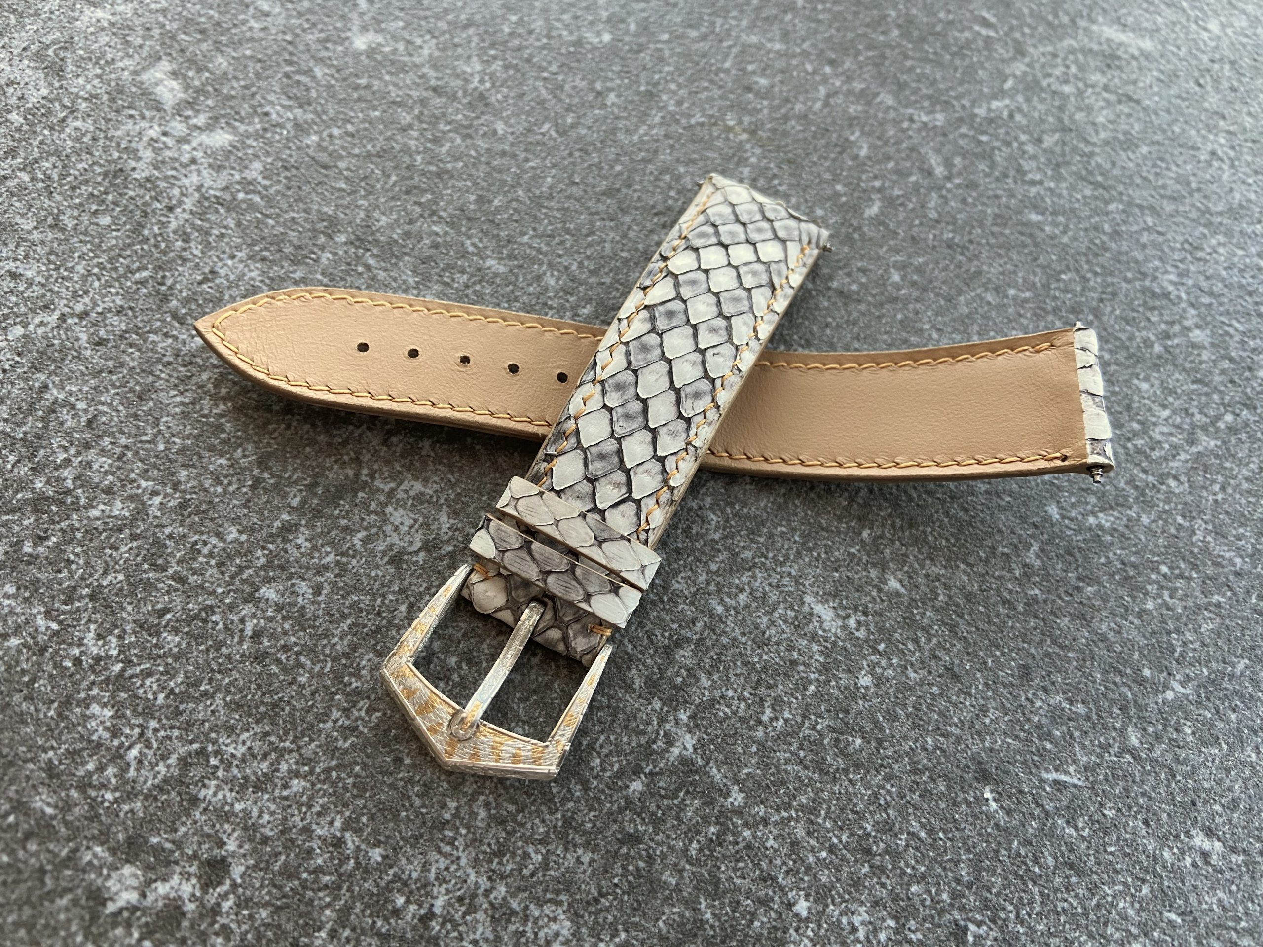 Handcrafted python leather watch strap with beige waterproof lining