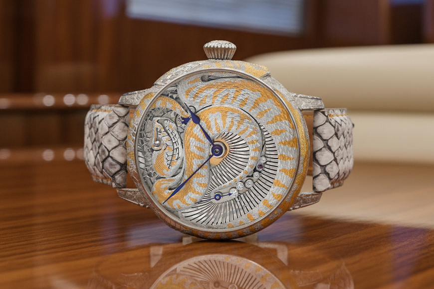 Handcrafted Phyton Evolution watch with engraved silver and gold snake motif and custom python leather strap