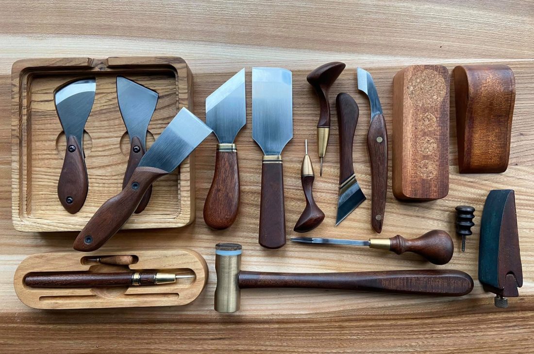 Leatherworking knives and tools before sharpening with the KOSIM sharpening system