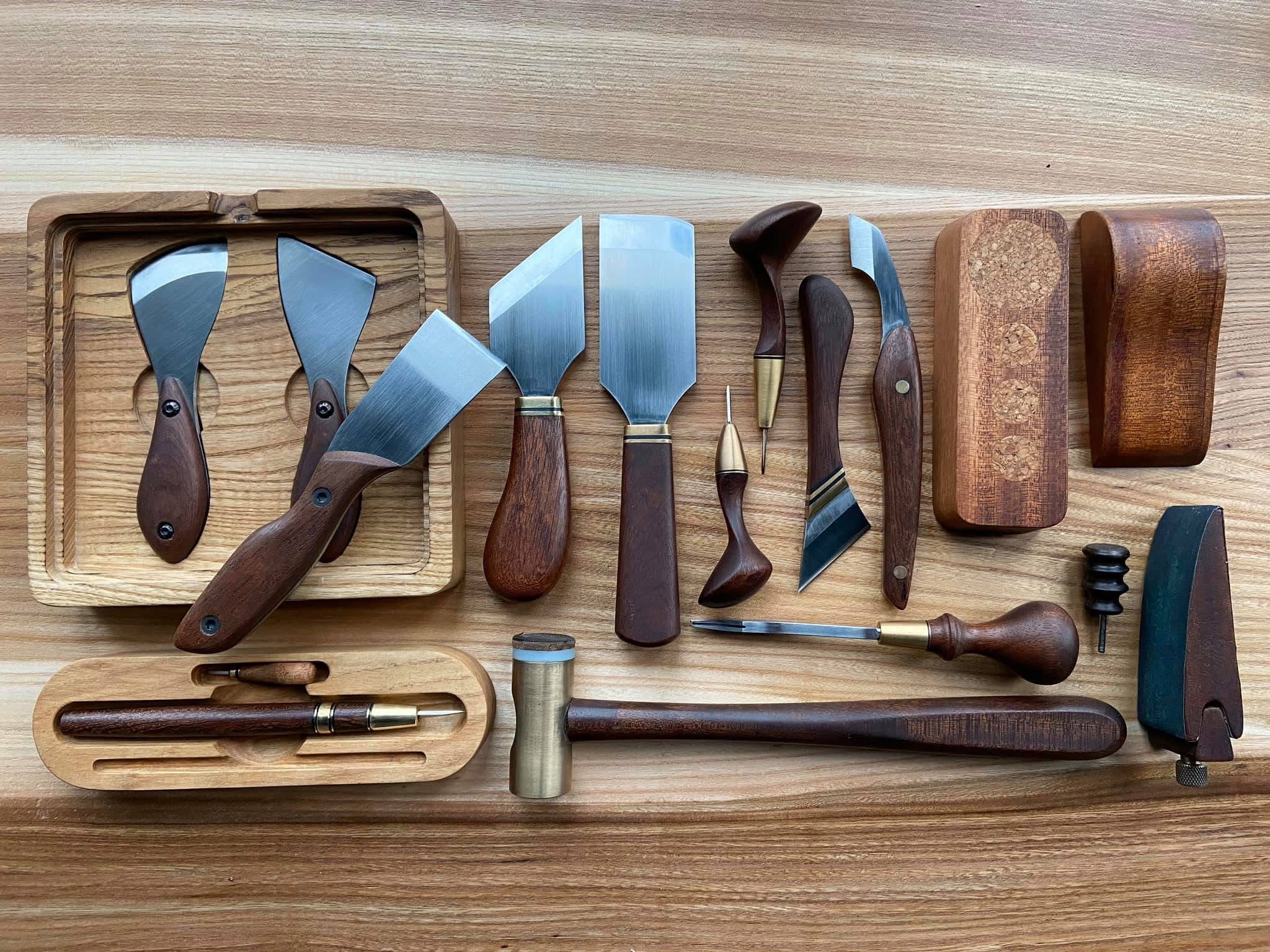 Leatherworking knives and tools before sharpening with the KOSIM sharpening system