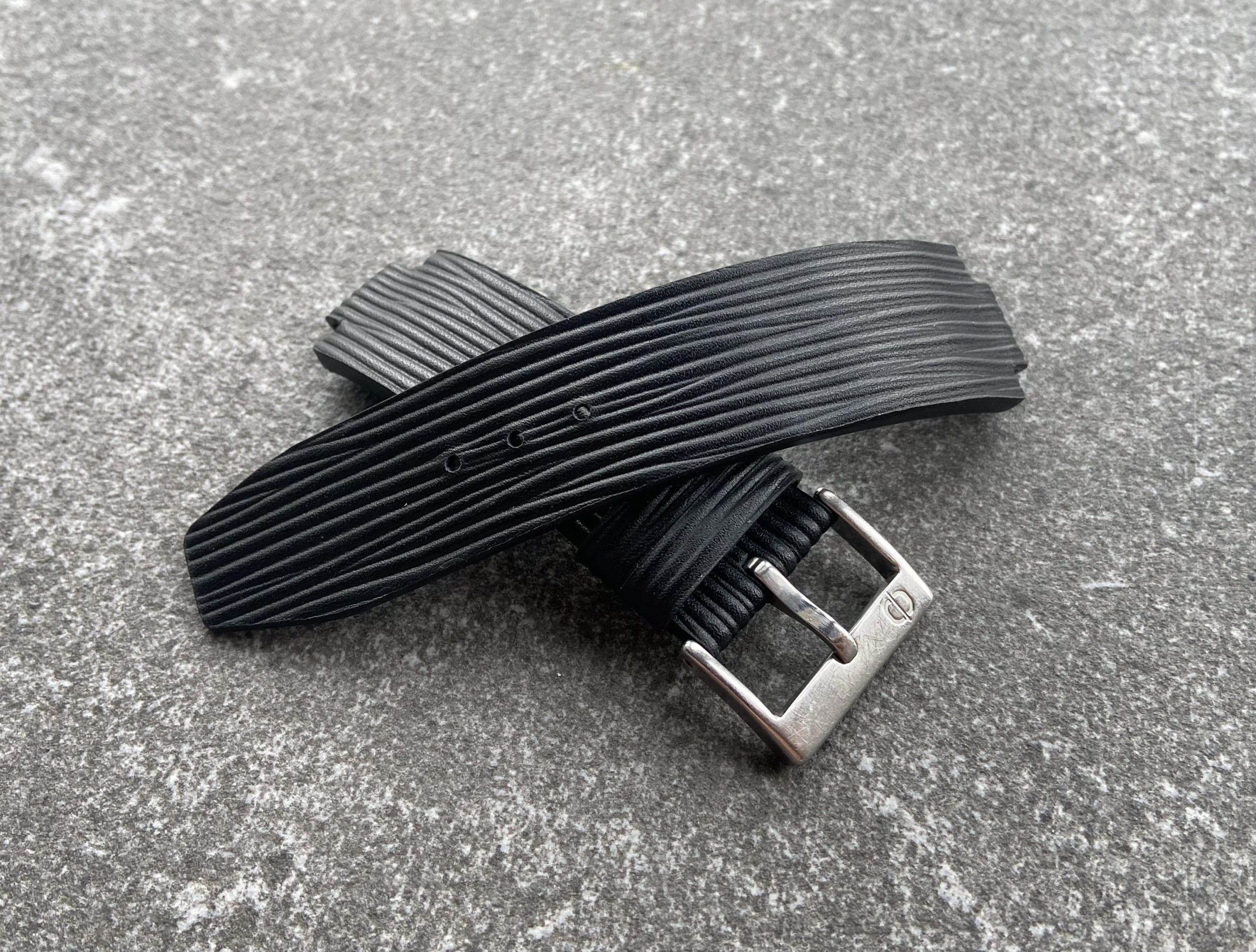 Black Epi leather watch strap with wave texture made for Clerc CXX Scuba Diamonds