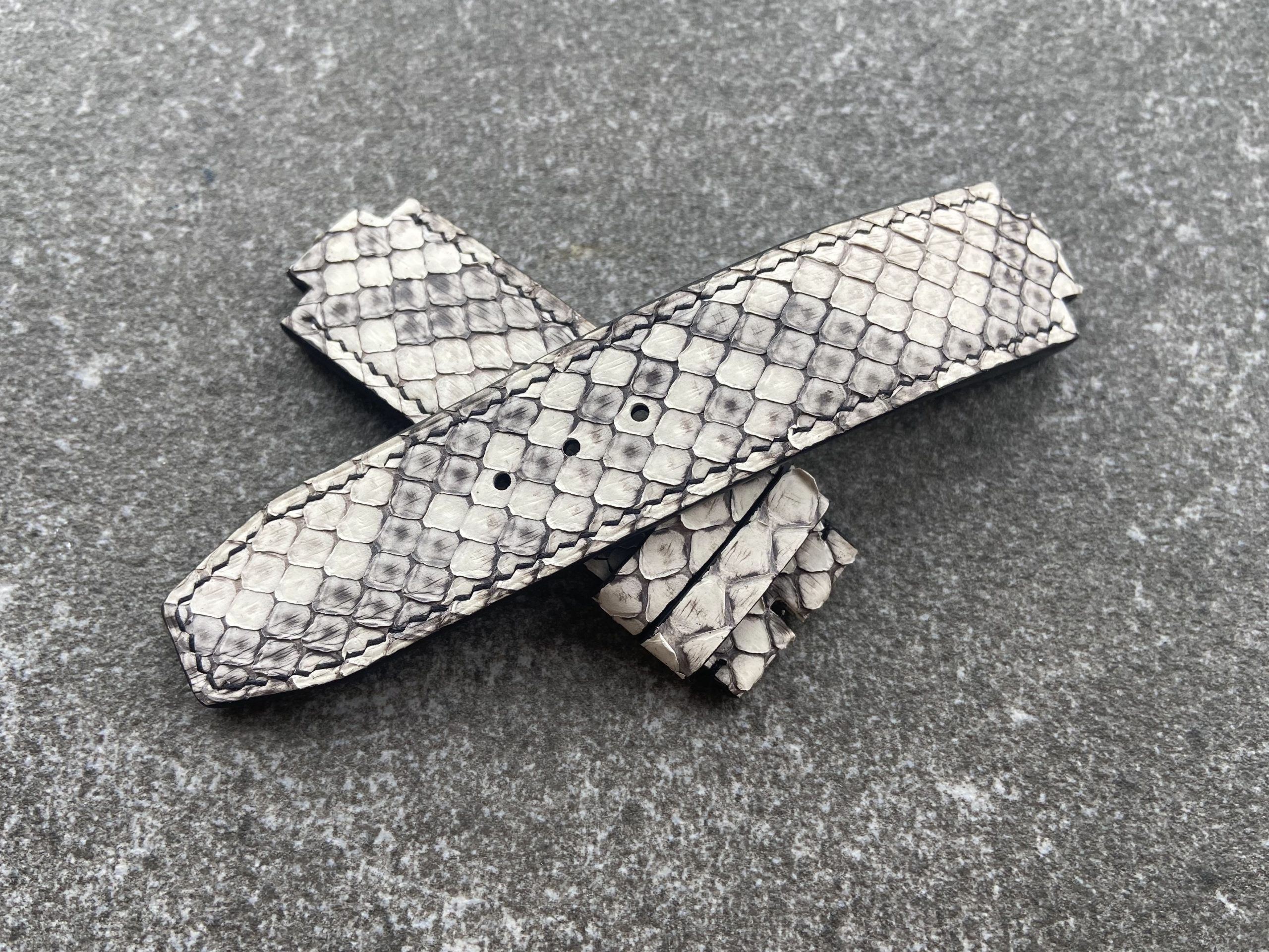Bespoke python watch strap with light and dark scale pattern