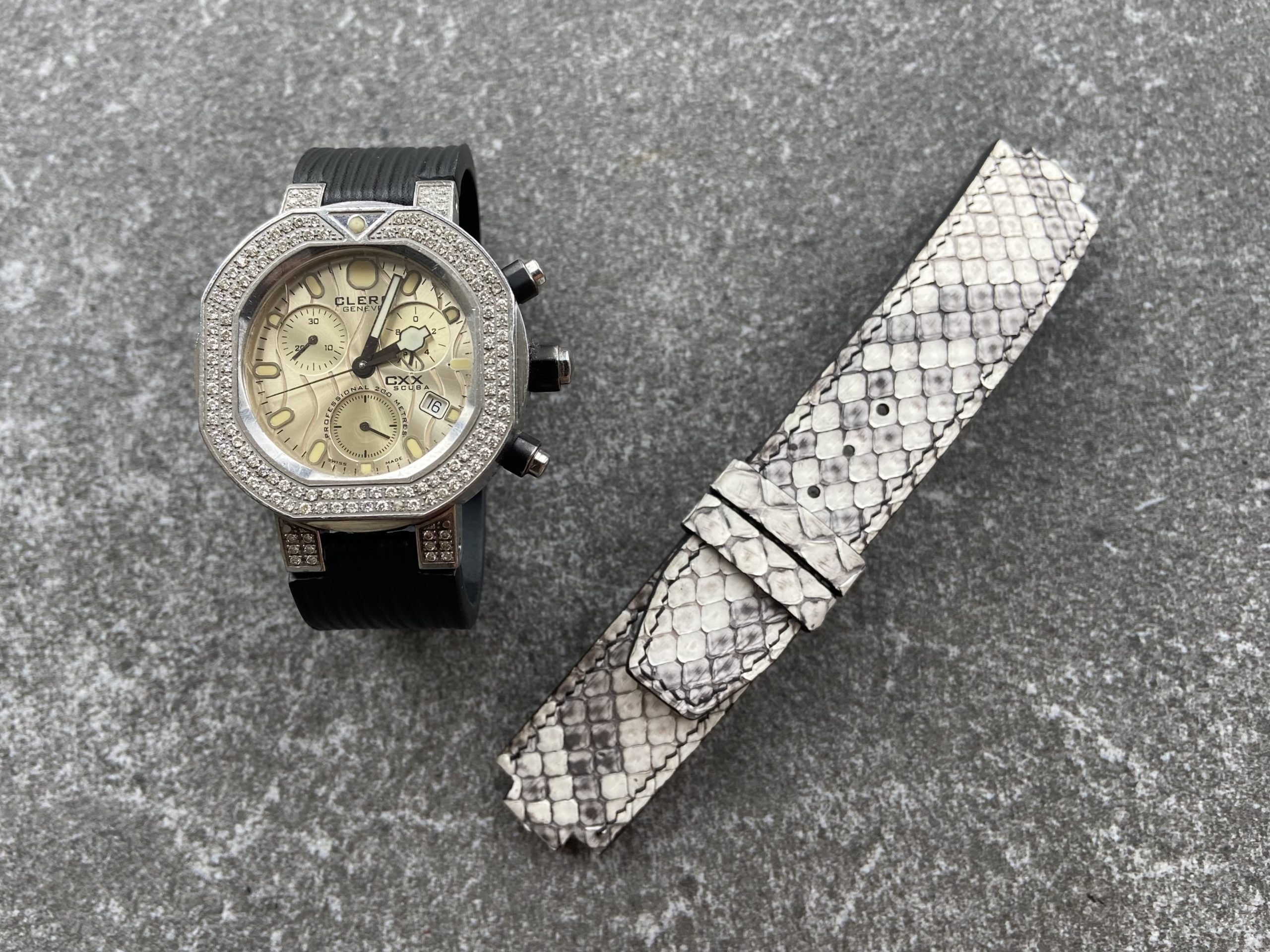 Clerc CXX Scuba Diamonds with black strap and bespoke python replacement strap
