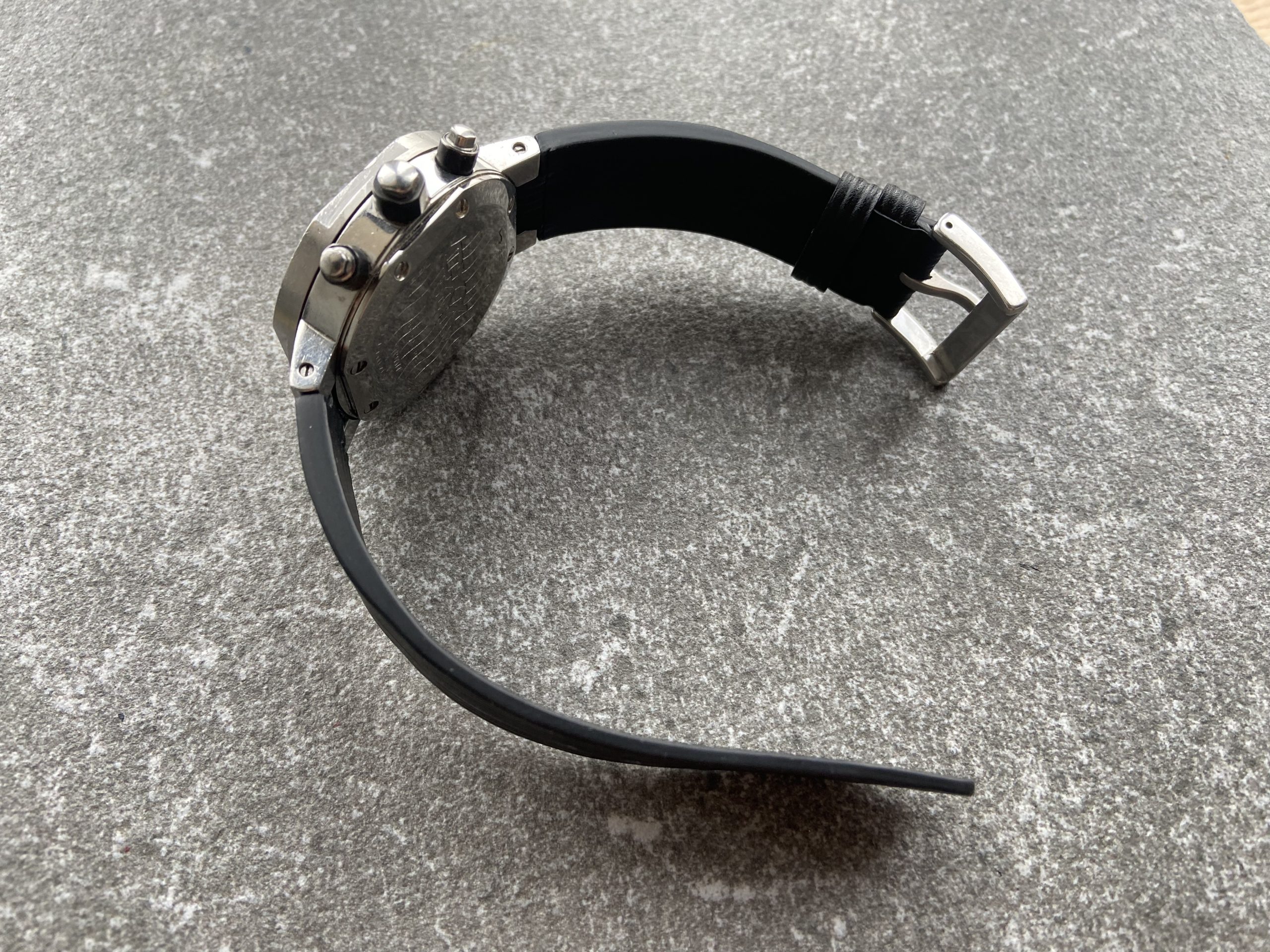 Side view of Clerc CXX Scuba Diamonds with bespoke Epi leather strap