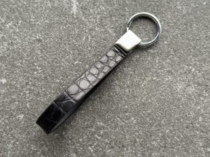 Black structured grain leather loop key holder with polished 316L stainless steel hardware