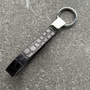 Black structured grain leather loop key holder with polished 316L stainless steel hardware