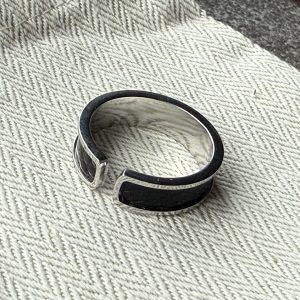 Stainless Steel Ring with Obsidian Scale Line Leather Inlay