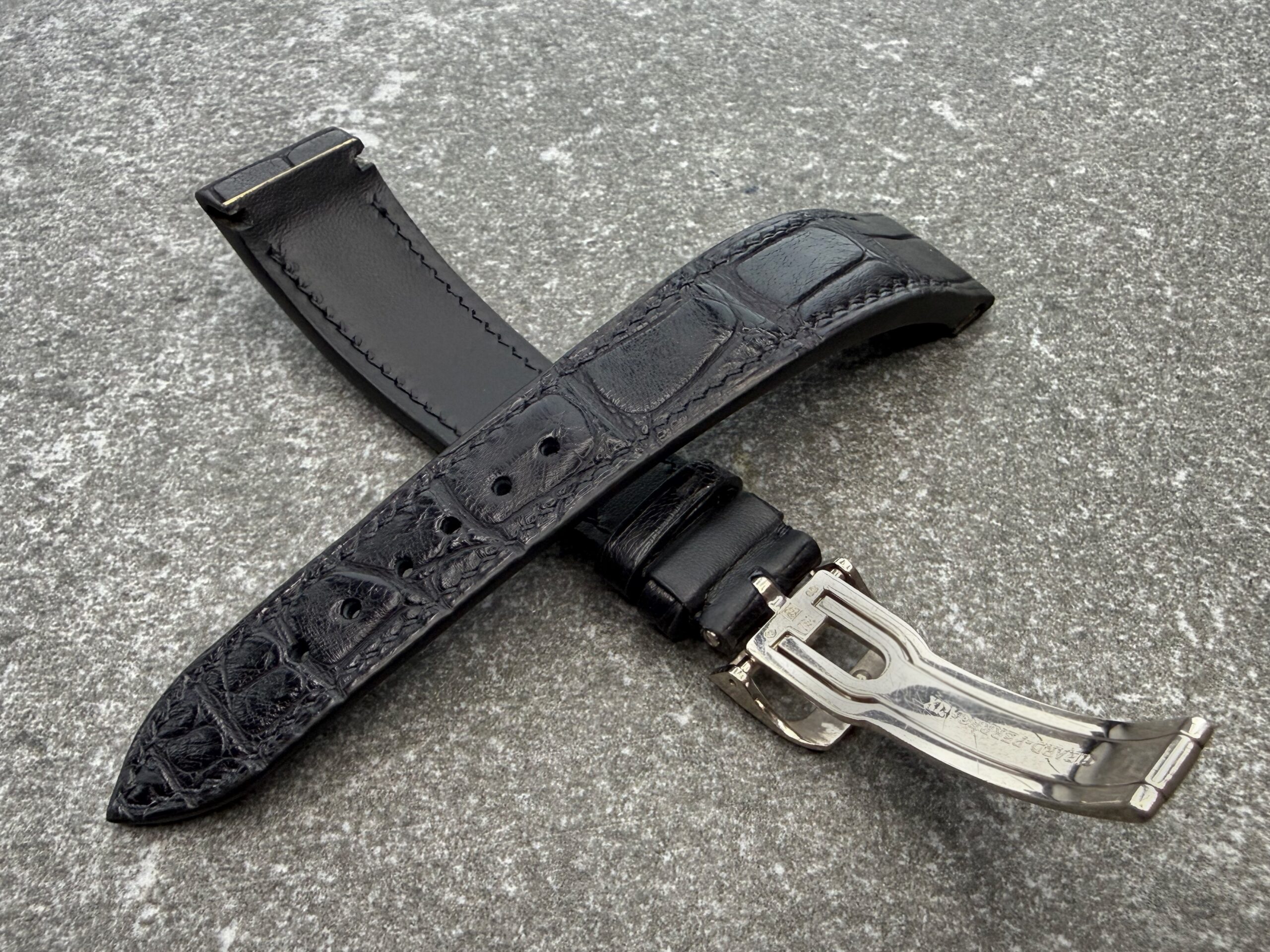 Bespoke black alligator leather strap set for Girard-Perregaux Richeville, shown with black lining and the original 18K white-gold deployant clasp.