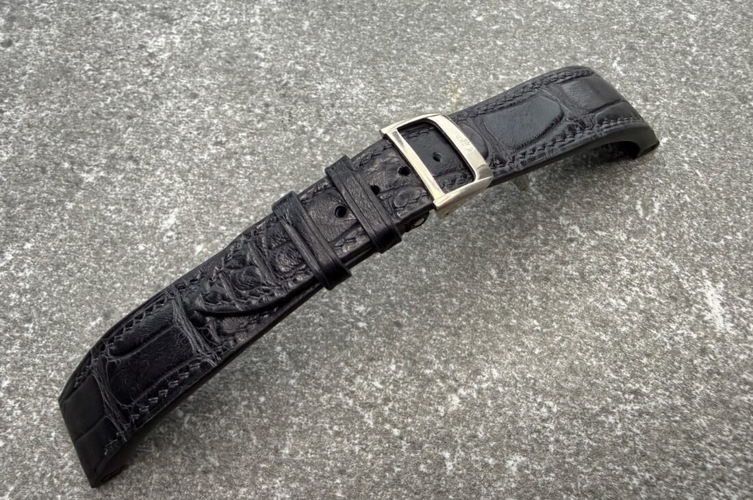 Black alligator leather watch strap for Girard-Perregaux Richeville, hand-stitched and made to work with the original 18K white-gold clasp.