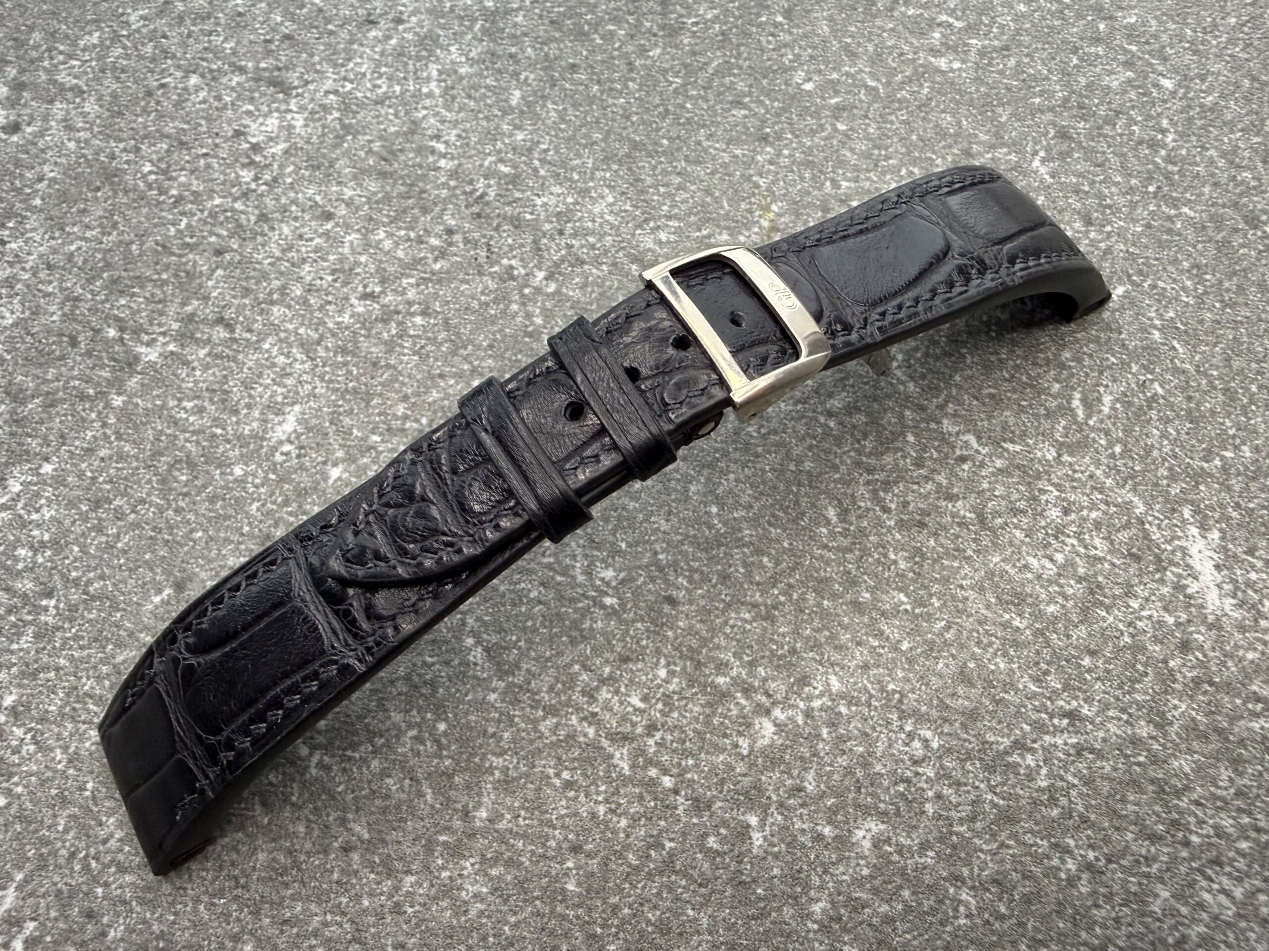 Black alligator leather watch strap for Girard-Perregaux Richeville, hand-stitched and made to work with the original 18K white-gold clasp.