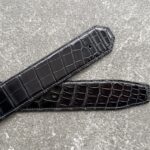 Dark blue-black crocodile belt strap tips, bespoke shape and stitching detail