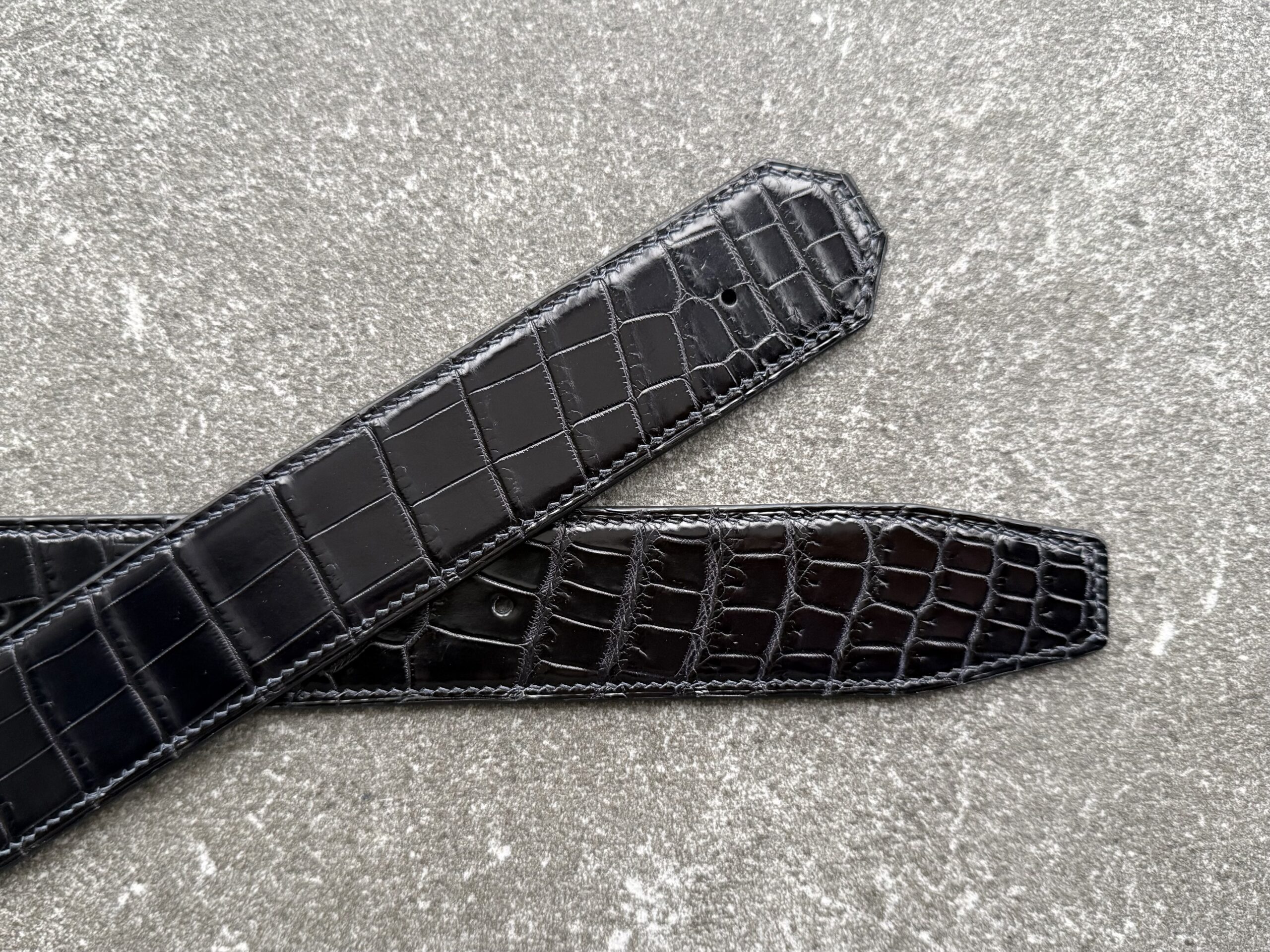 Dark blue-black crocodile belt strap tips, bespoke shape and stitching detail