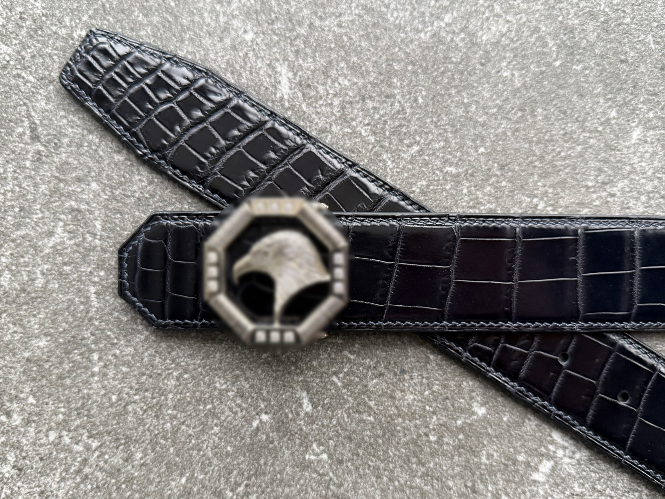 Bespoke dark blue-black crocodile belt strap made for a client-supplied buckle (hardware intentionally blurred)