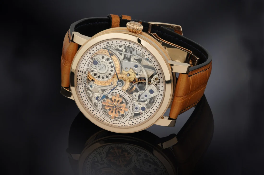 Bespoke skeleton watch Equilibrium in solid 750 gold case, with skeletonized dial and custom alligator strap
