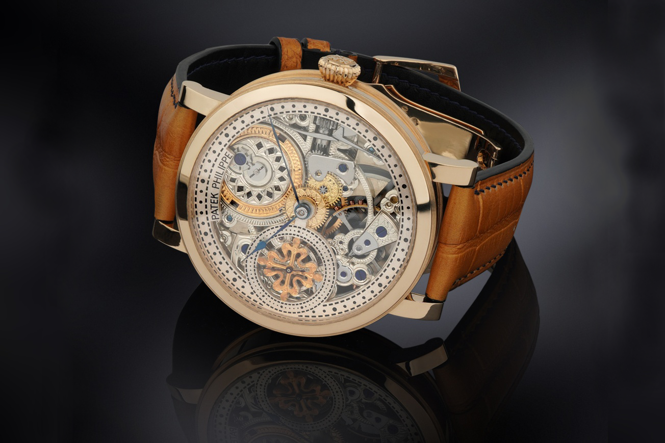 Bespoke skeleton watch Equilibrium in solid 750 gold case, with skeletonized dial and custom alligator strap